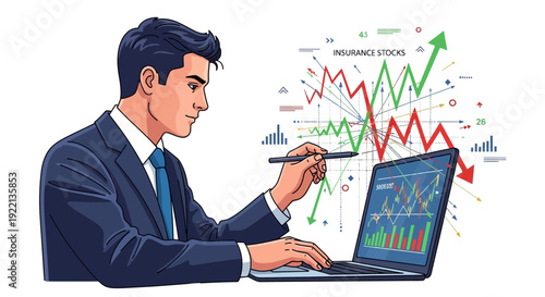 Businessman analyzes financial data on a laptop screen with charts and graphs