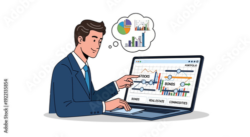 Businessman analyzes financial data on a laptop screen with charts and graphs