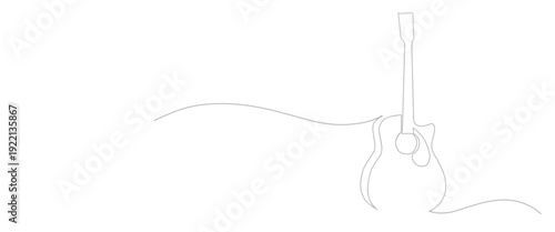 One line drawing of classic guitar with music notes tone design. Classical jazz music instrument. Vector illustration simple continuous outline style