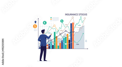 Businessman analyzes financial data on screen using magnifying glass