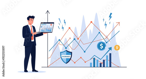 Businessman analyzes financial data presented on laptop screen with graphs