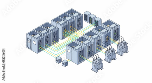 Isometric illustration of a complex data center with multiple server racks and networking equipment.
