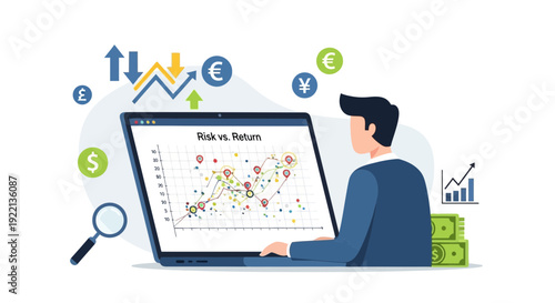 Businessman analyzing financial data on a laptop screen with currency symbols