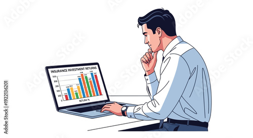 Businessman analyzing financial data on laptop computer isolated