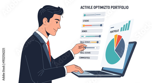 Businessman analyzing financial data on laptop computer vector illustration