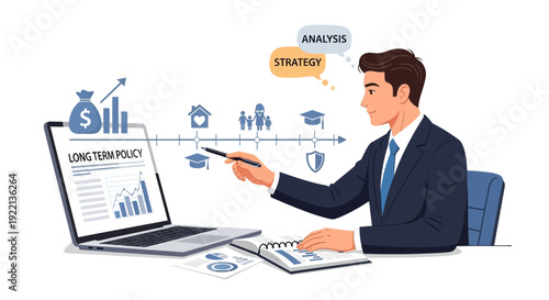 Businessman analyzing financial data on laptop for long term strategy