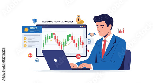 Businessman analyzing financial data on laptop insurance stock management