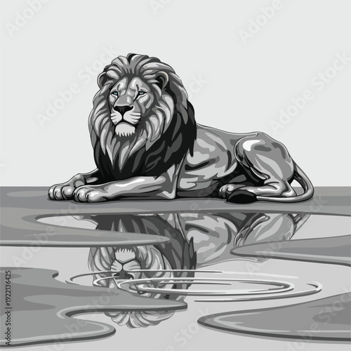 Lion resting on ground with reflection in water