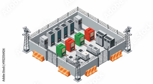 Data center server room with racks and security features.