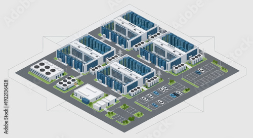 3D rendering of a modern office complex with multiple buildings and parking.