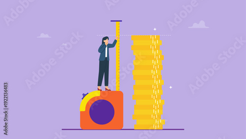 Businesswoman measuring the height of a pile of gold coins. Business growth or income growth concept, revenue growth, the measurement of income.