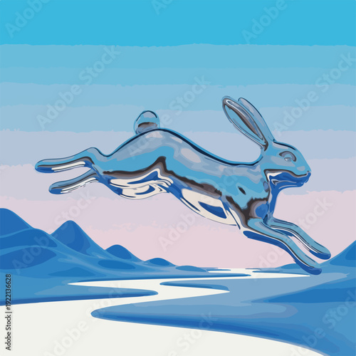 Leaping rabbit in a mountainous desert landscape with blue hues