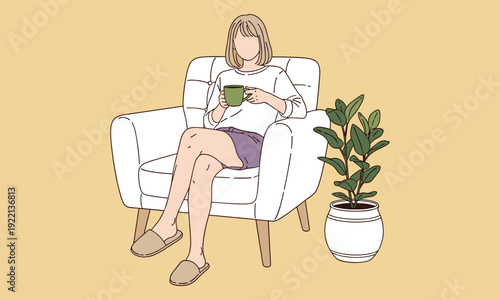 Woman relaxing in armchair holding cup of tea, cozy home lifestyle and self care concept with indoor plant in modern flat line illustration style