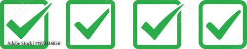 Four bright green checkmarks inside square boxes indicate successful task completion or approved selections in a row.
