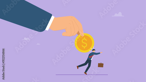 Big hand hit businessman head by dollars coin, bribe, bribery, business corruption concept.