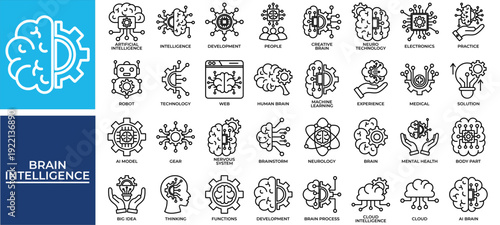 Brain Intelligence icon set collection. Containing mental, organ, mind, spirit, intelligence, thinking, brain .Line vector icons collection