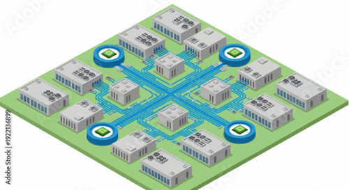 3D illustration of a smart city neighborhood with connected buildings and infrastructure.