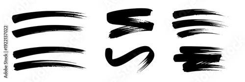 Brush stroke ink set with rough grunge lines, underline swooshes and marker smears, black paint streaks isolated on white for design elements and calligraphy accents