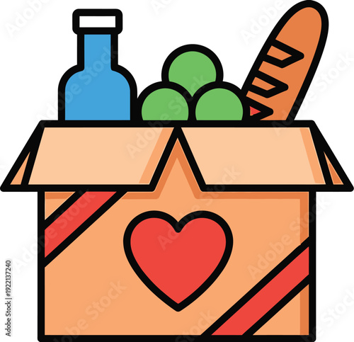 Cardboard donation box filled with essential groceries like bread, produce, and a bottle, decorated with a large red heart.