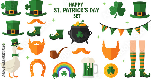 A smiling Irish leprechaun wearing a green hat celebrates St Patrick's Day with a pot of gold and a lucky shamrock clover in this fun vector cartoon illustration