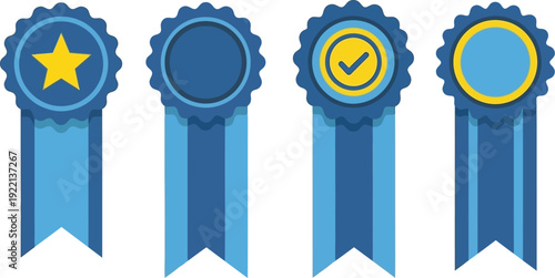 Collection of four different blue award ribbons featuring stars and circular seals for recognition of achievement.