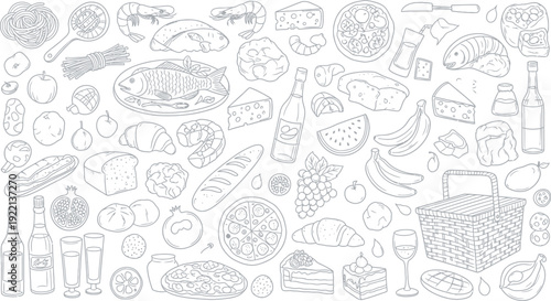 Doodle style hand drawn assortment of various picnic foods, drinks, and a basket fills the entire background area.