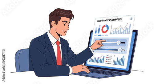 Businessman analyzing insurance portfolio data on laptop screen
