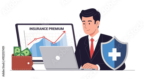 Businessman analyzing insurance premium growth with laptop and digital screen