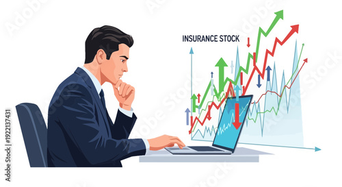 Businessman analyzing insurance stock chart on laptop financial analysis concept