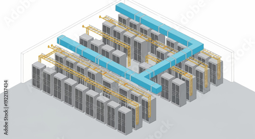 Data center server racks with cooling system infrastructure.