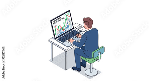 Businessman analyzing insurance stocks on laptop isometric illustration
