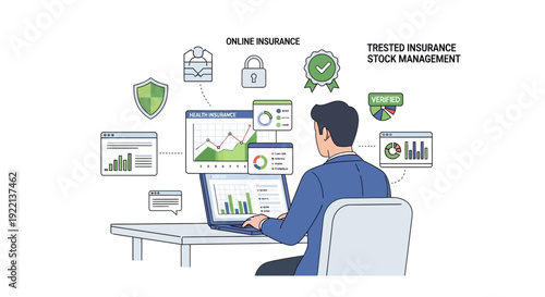 Businessman analyzing online insurance and stock management data