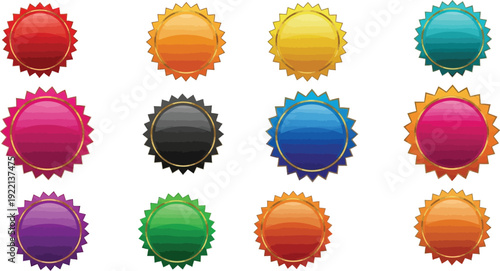 Assortment of twelve glossy circular award badges or seal designs displayed in multiple bright and deep colors against white.