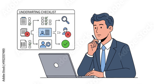 Businessman analyzing underwriting checklist on laptop in simplified illustration