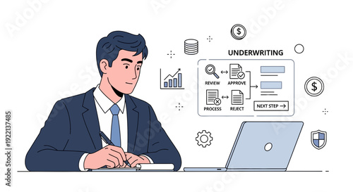 Businessman analyzing underwriting process with laptop and documents