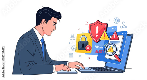 Businessman analyzing underwriting process with laptop and graphic elements