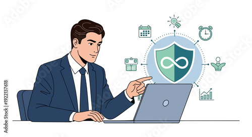 Businessman pointing at a shield with infinite symbol on laptop screen