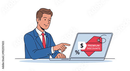 Businessman pointing at laptop screen with discount tag illustration