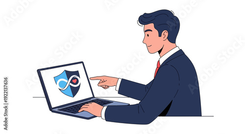 Businessman pointing at laptop screen with digital shield symbol