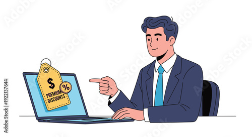 Businessman pointing at laptop with discount tag illustration isolated