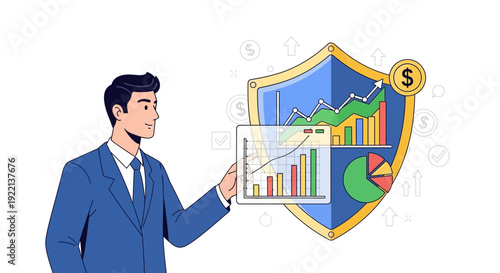 Businessman presenting financial data with shield and charts for business analysis