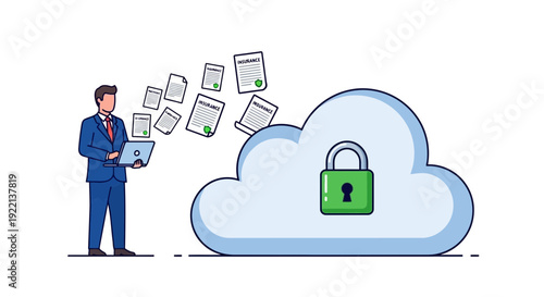 Businessman transfers documents to cloud storage with security lock illustration