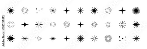 Starburst sparkle icon set with assorted black line sunburst shapes, twinkle stars and radiating bursts for retro decoration, logo accents, stickers and UI highlights