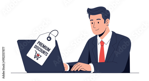 Businessman viewing online discounts with laptop vector illustration