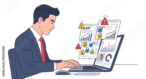 Businessman working on laptop with data analysis charts and alert icons