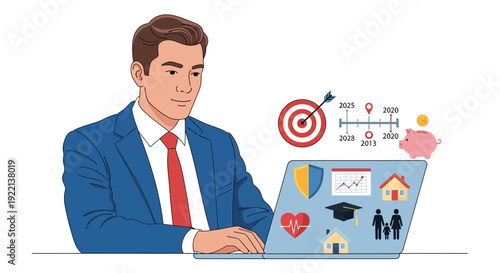 Businessman working on laptop with financial and future planning concepts