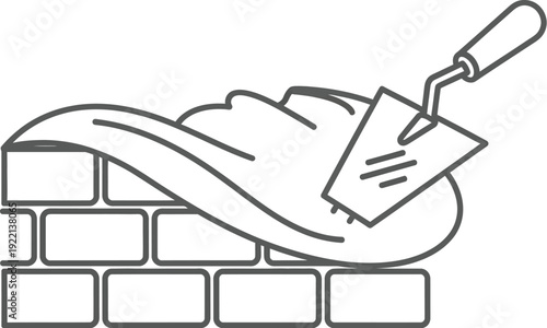 Masonry trowel applies cement mortar to construct a brick wall structure in a simple linear graphic design.