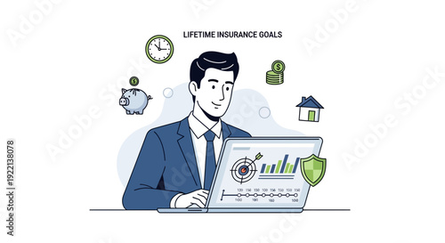 Businessman working on laptop with financial icons and goal achievement