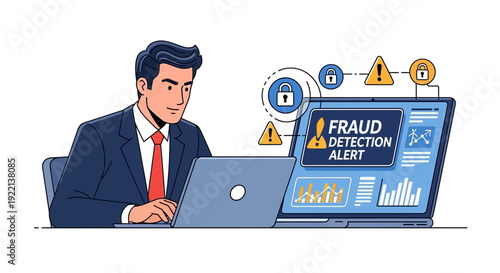 Businessman working on laptop with fraud detection alert concept design