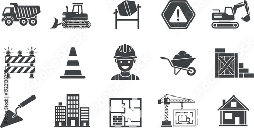 A set of solid black construction icons features heavy machinery, safety equipment, and worker figures for infrastructure.